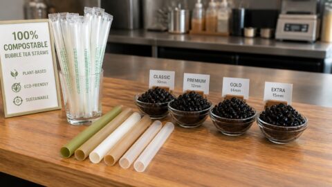 Wide compostable bubble tea straws tested alongside tapioca pearls on a café counter
