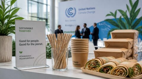Sustainable conference catering with eco-friendly paper straws at an international venue near Bonn's UN Campus