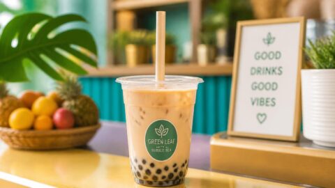Wide sugarcane bagasse compostable straw piercing a sealed bubble tea cup in Singapore