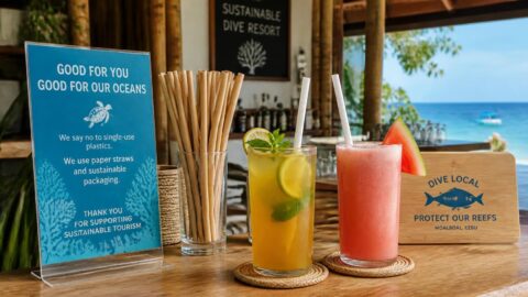 Sustainable paper straws and marine-themed conservation signage at a dive resort in Moalboal, Cebu