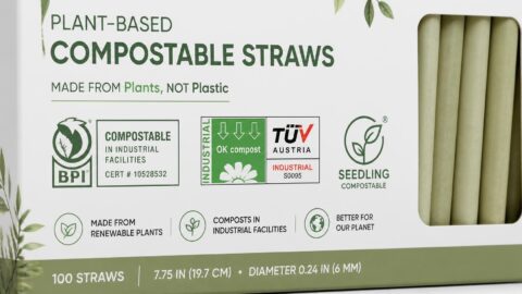 Compostable straw packaging showing BPI, TÜV Austria, and Seedling certification logos