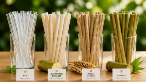 PLA, sugarcane bagasse, wheat, and bamboo compostable straw materials displayed together