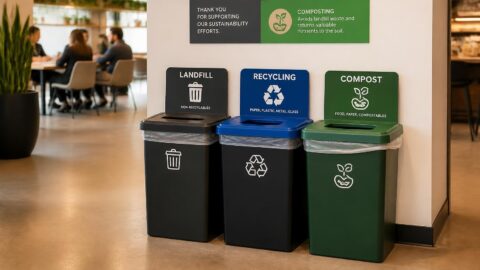 Clearly labeled commercial compost and waste sorting bins for eco-friendly packaging disposal