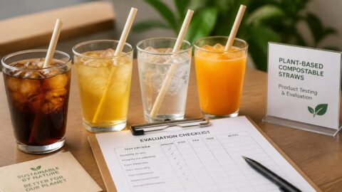 Sample compostable straws being tested for durability in cold beverages