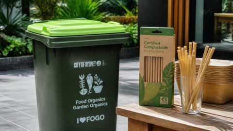 Australian council-run FOGO bin and certified compostable straw packaging
