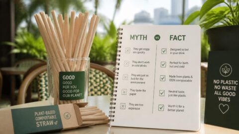 Plant-based compostable straws at a sunny Australian beachfront café counter