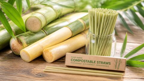 Plant-based compostable straws with natural raw materials like bamboo and sugarcane