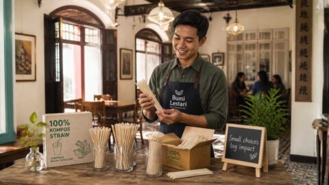 Young entrepreneur reviewing small-batch compostable straws inside a restored heritage café in Ipoh