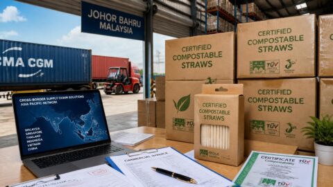 Certified compostable straw cartons and supply chain documentation in a Johor Bahru logistics warehouse
