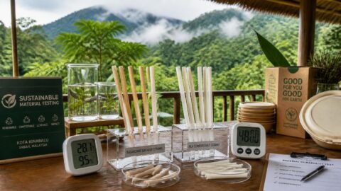 Compostable straws undergoing durability testing in a rainforest-adjacent eco-lodge setting in Kota Kinabalu