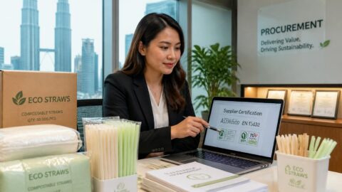 Corporate procurement manager in Kuala Lumpur reviewing compostable straw certification documentation