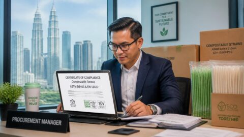 Corporate procurement manager in Kuala Lumpur reviewing compostable straw certification documentation