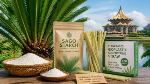 Traditional sago palm and eco-friendly plant-based compostable straws on a wooden surface in Kuching
