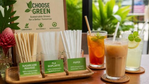 Collection of compostable straw materials including sugarcane bagasse, PLA, and paper on a Malaysian café table