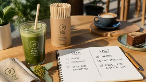Checklist separating myths from facts about compostable straws in Australia on a café table