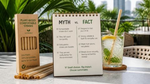 Checklist separating myths from facts about compostable straws in Singapore on a café table