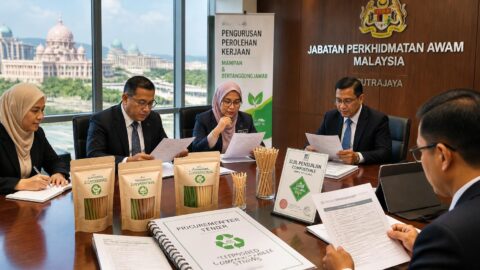 Government procurement review and certified compostable straw samples in a Putrajaya administrative building