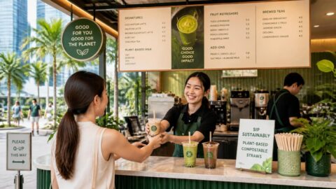 Plant-based compostable straws in iced beverages at a modern Singapore café counter