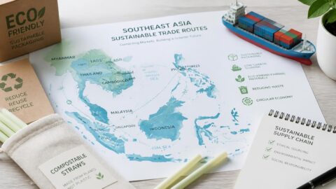 Southeast Asia regional trade map illustrating compostable straw sourcing across Singapore, Malaysia, and Thailand