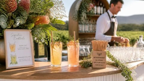 Plant-based compostable straws at an upscale Australian vineyard wedding bar counter