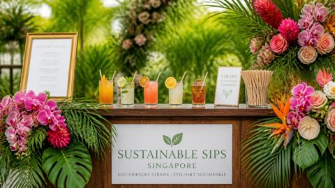 Plant-based compostable straws at an upscale garden wedding bar counter in Singapore
