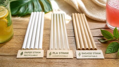 Compostable, biodegradable, and paper straws compared side by side on a wooden surface