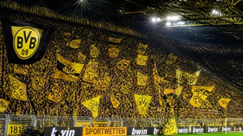 The legendary Yellow Wall terrace packed with passionate fans at Signal Iduna Park in Dortmund