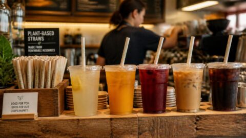 Cafe bar counter displaying cold beverages with eco-friendly compostable and paper straws