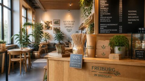 Plant-based compostable paper straws and sustainable packaging at an eco-conscious café in Freiburg