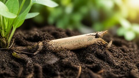 Plant-based compostable straw breaking down naturally in rich organic compost soil