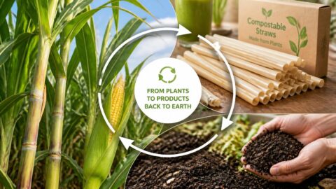 Circular life cycle of compostable straws from raw agricultural crops to finished compost soil