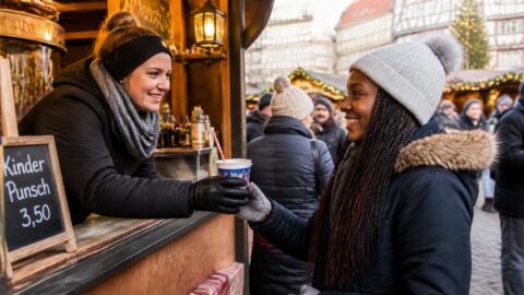 Customer receiving a drink with a paper straw at a traditional German Christmas market