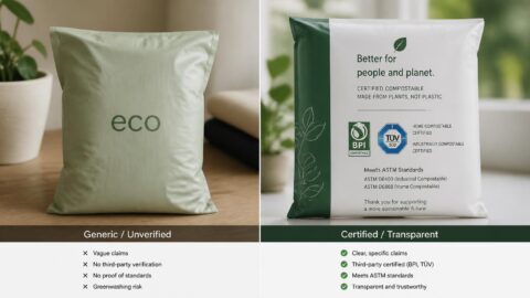 Comparison of unverified greenwashed packaging versus clearly certified compostable straw packaging