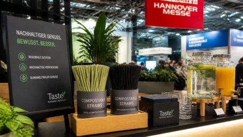 Sustainable beverage station with compostable straws inside a Hannover Messe exhibition hall
