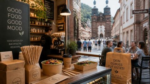 Sustainable paper straws and packaging at a historic café along the Hauptstrasse in Heidelberg