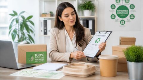 Procurement manager reviewing compostable straw sample packs and supplier documentation