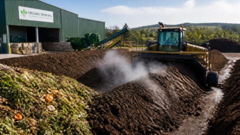 Modern industrial composting facility processing organic waste and compostable materials