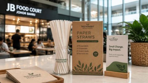 Sustainable paper straws and packaging at a modern shopping mall food court in Johor Bahru