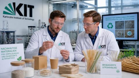 Researchers analyzing sustainable packaging and straw materials in an advanced KIT laboratory in Karlsruhe