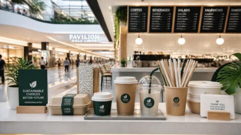 Sustainable paper straws and cups at a sleek shopping mall food court counter in Kuala Lumpur