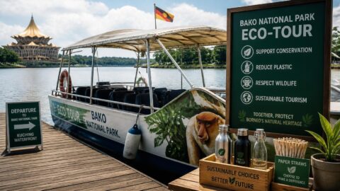 Eco-conscious tour preparations at the Kuching Waterfront with sustainable paper straws