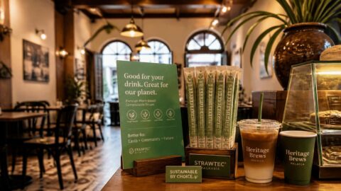 Premium plant-based compostable straws displayed at a design-conscious heritage café in Malacca