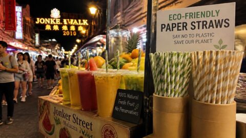 Eco-friendly paper straws and fruit-based drinks at a Jonker Street night market stall in Malacca