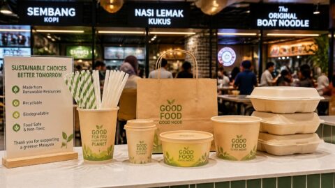 Sustainable paper straws and packaging at a modern Malaysian shopping mall food court counter