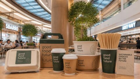 Sustainable paper straws and packaging at a modern shopping mall food court in Metro Manila
