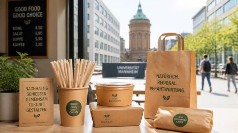 Sustainable paper straws and packaging displayed at a café near the University of Mannheim