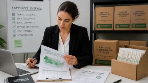 Hospitality manager reviewing multi-state compliance checklists and compostable straw inventory