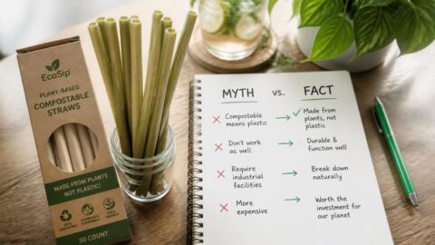Checklist separating myths from facts about eco-friendly compostable straws on a wooden table
