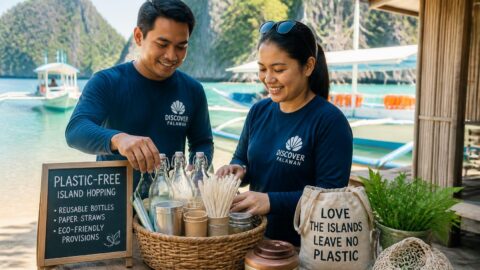Eco-conscious tour operators in Palawan preparing plastic-free provisions including paper straws