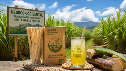 Eco-friendly bagasse compostable straws and a refreshing beverage in front of a sugarcane field in Negros Occidental